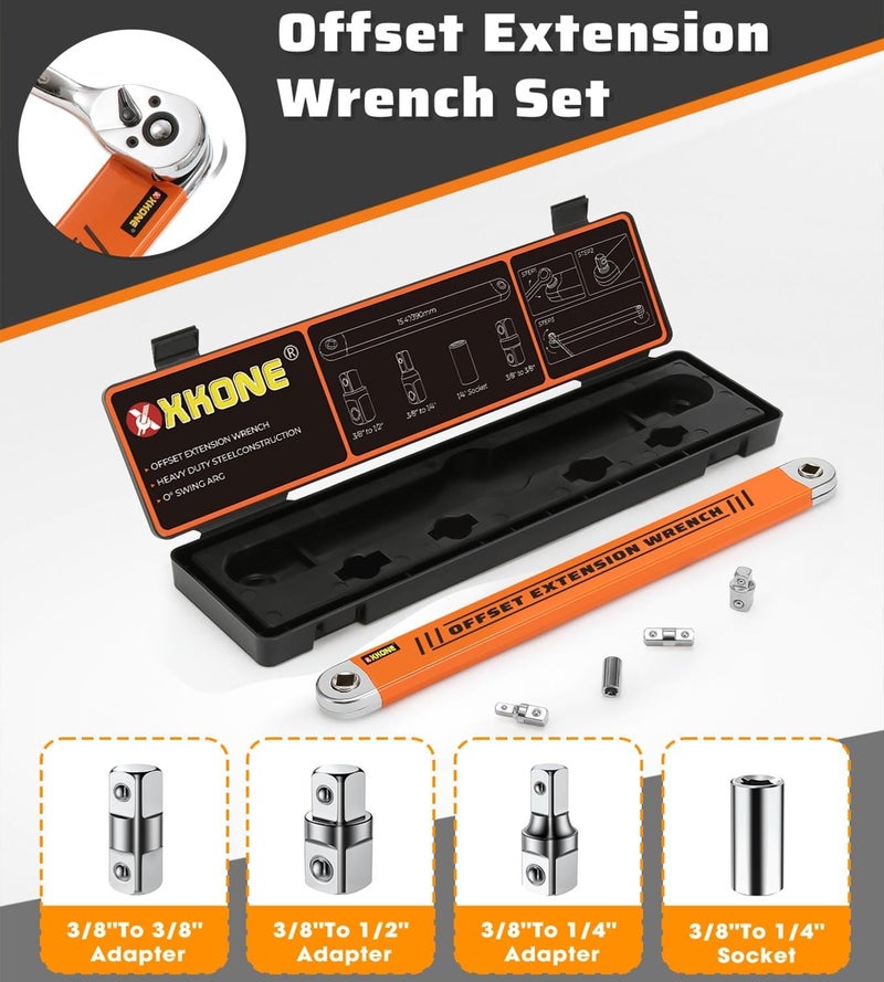 XKONE Offset Extension Wrench Set,3/8" Drive Wrench with 1/4",3/8",1/2" Square Drive Adapters and 1/4" Socket for Tight Spaces. - Image 2